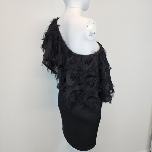 TCEC Asymmetric One Shoulder Black Dress Size S Fringe Evening New Years Party - Picture 9 of 16